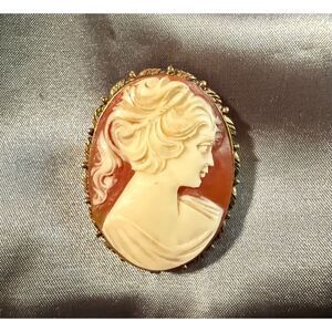 Vintage Cameo Brooch Gold Tone Victorian Lady Portrait Pin Resin Lucite Jewelry